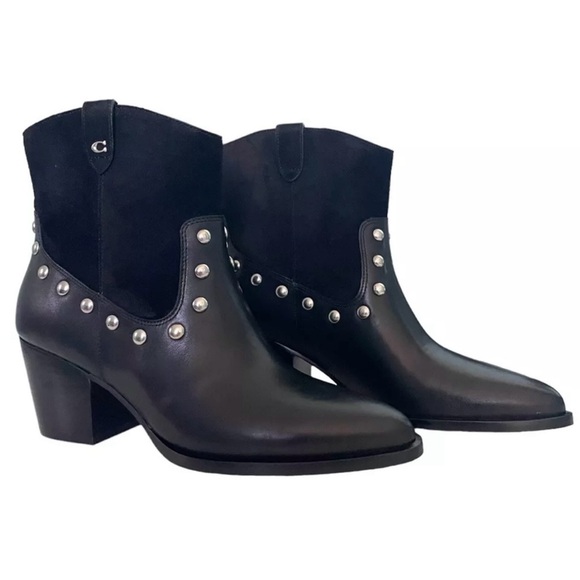 COACH Pauline Leather Suede Bootie Black 9.5 B Womens studded western ankle boot - Picture 1 of 7